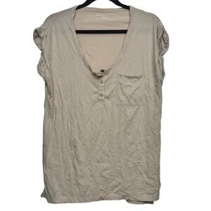 Aerie Beige Henley Pocket Tee XS Ruched Sleeves Slub Cotton Soft Lounge Oversize